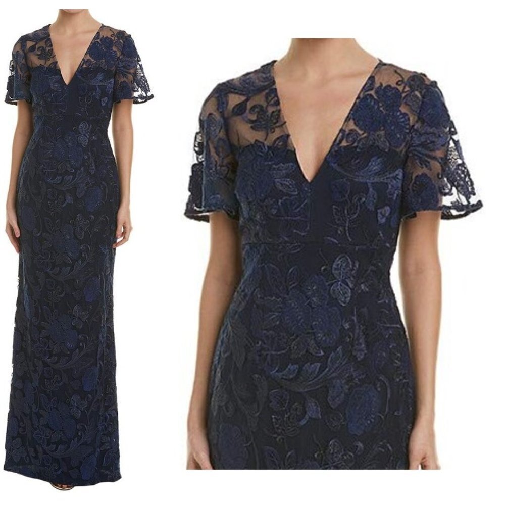 NWT Carmen Marc Valvo Infusion Blue Sequin Embroidered Illusion Gown Sz 4 $425